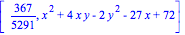 [367/5291, x^2+4*x*y-2*y^2-27*x+72]
